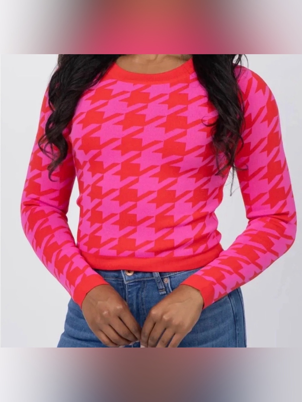 Pink & Red Houndstooth Crewneck Sweater